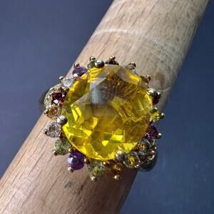 Yellow topaz multi stone gold over sterling silver halo cocktail ring size 8